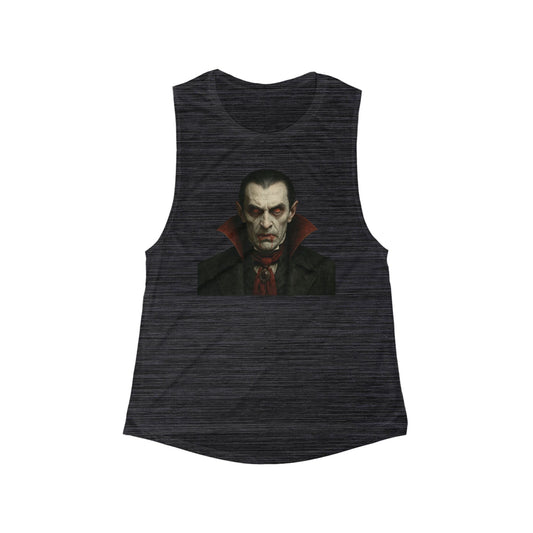 Gothic vampire portrait graphic on women's muscle tank top, featuring Dracula-inspired design in black and white.