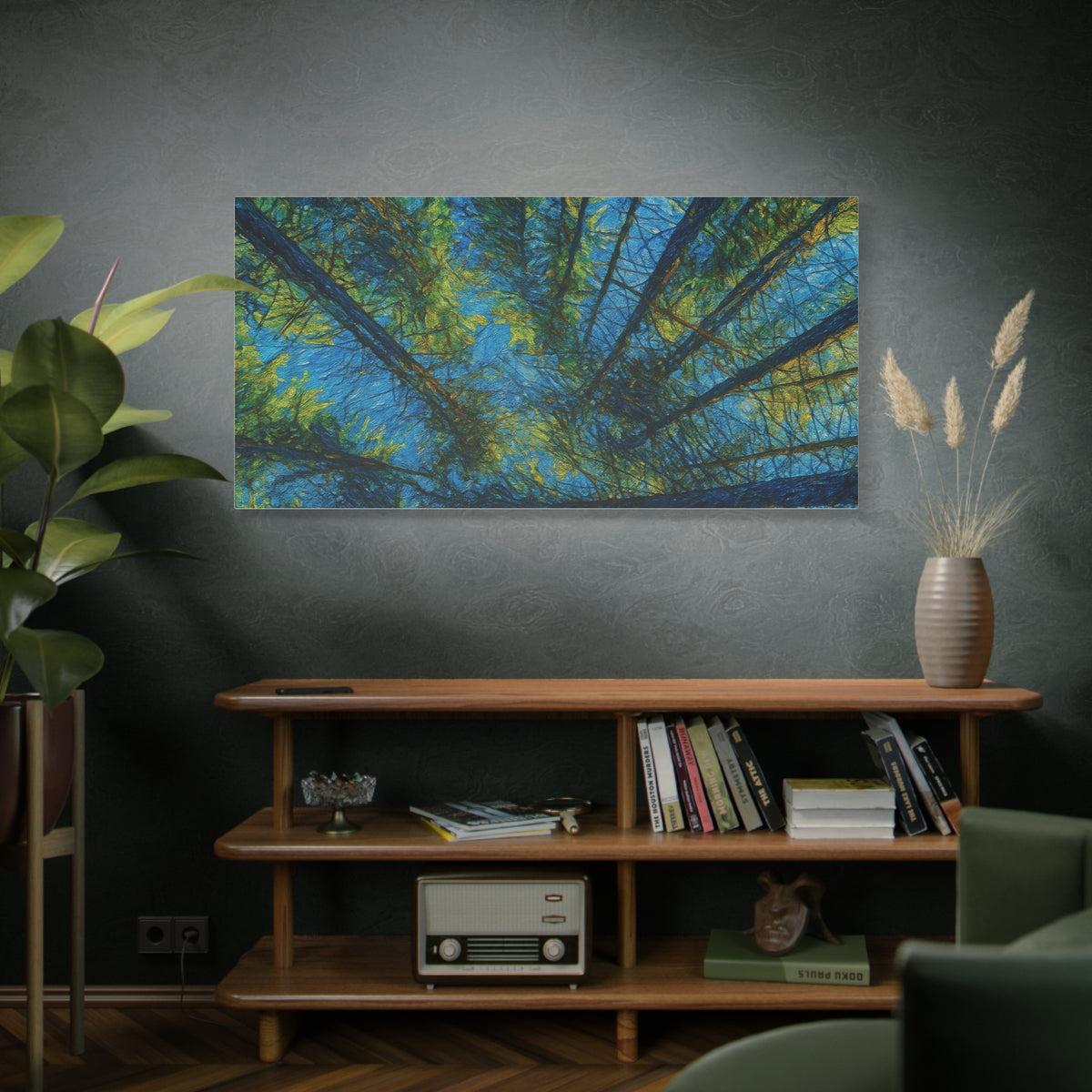 Forest Canopy Matte Canvas Wall Art showing an upward view of lush green and blue trees, nature print by Printify.