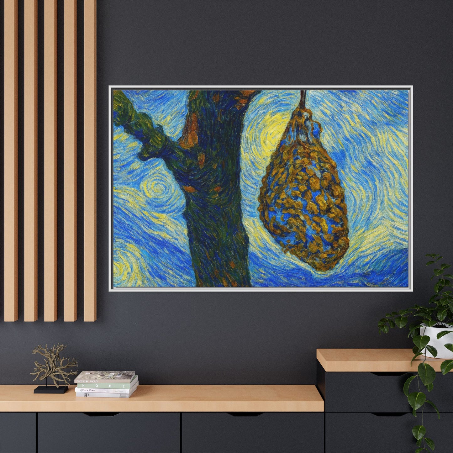Framed matte canvas art of starry nut cluster on dried plum in tree, printed by Printify, showcasing detailed natural imagery.