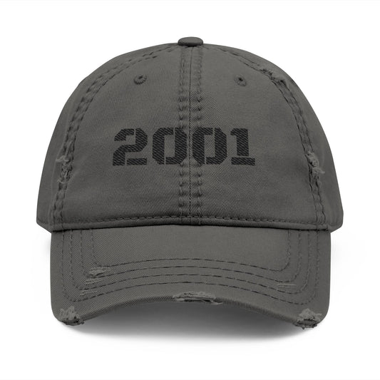 Distressed embroidered '2001' vintage washed baseball cap by Printify, adjustable dad hat with faded design and classic style.