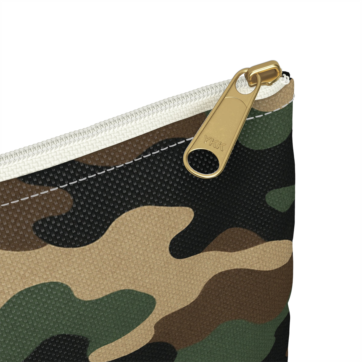 Printify camo accessory pouch with zipper closure, compact bag for organizing small items, in a stylish camouflage pattern.