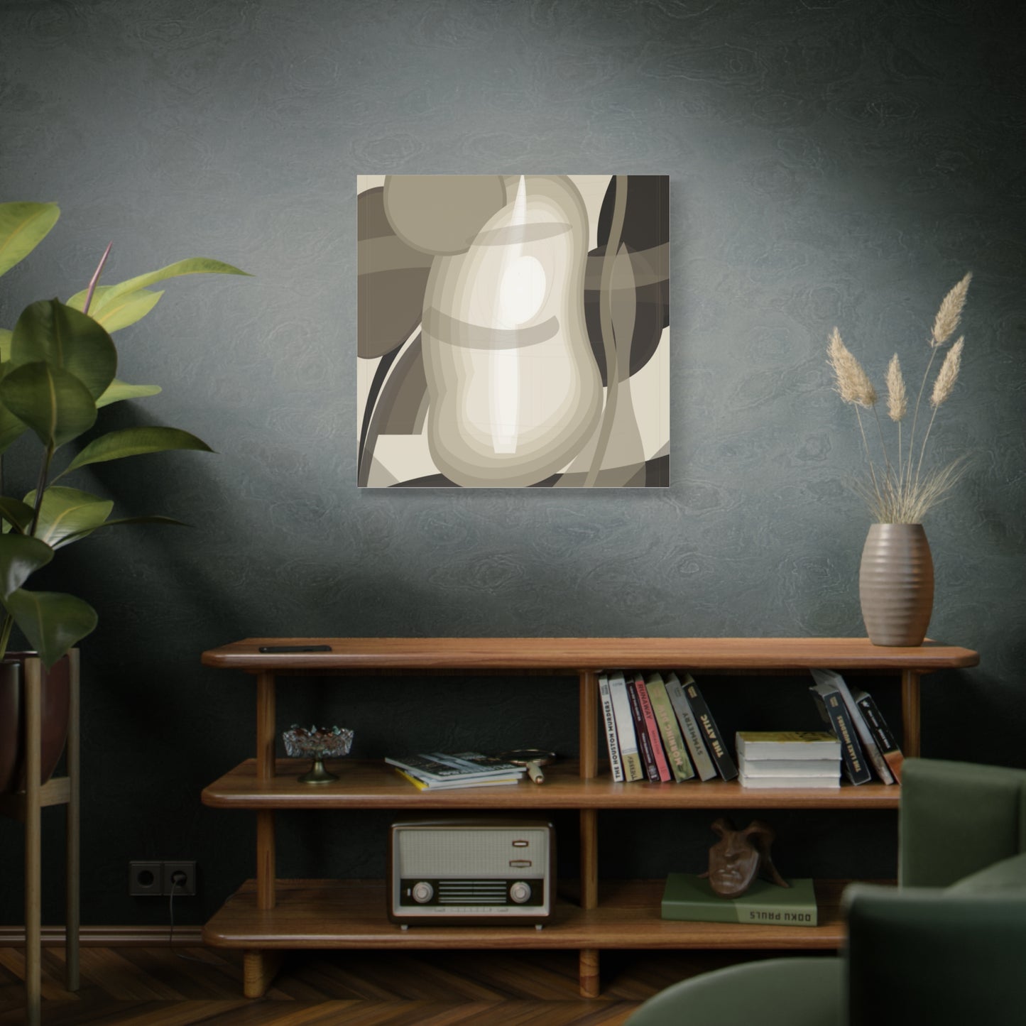 Abstract neutral pear still life on canvas, Printify art print featuring a minimalist fruit arrangement in soft tones.