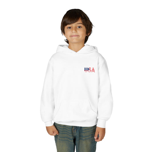 Youth hoodie with USA flag design, patriotic kids pullover from Printify, perfect for 4th of July and Memorial Day celebrations.