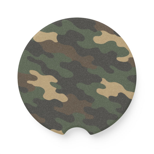 Camouflage soapstone car coaster with printify branding, designed as a drink holder or cup holder mat for vehicle use.