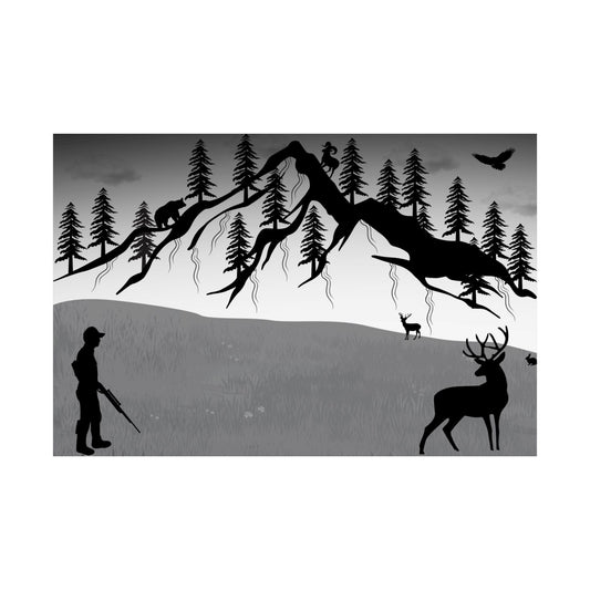 Hunting Wilderness Satin Poster featuring a detailed nature scene with wildlife, ideal for outdoor-themed home decor.