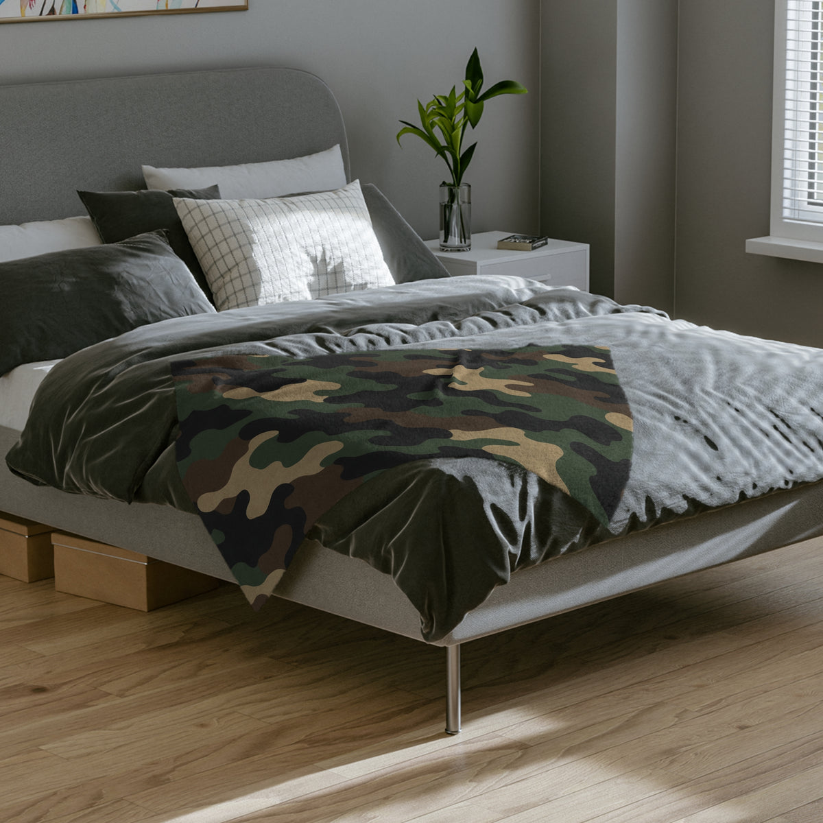 Soft woodland camouflage microfiber blanket by Printify, featuring a cozy, velveteen texture and camouflage pattern for comfortable warmth.