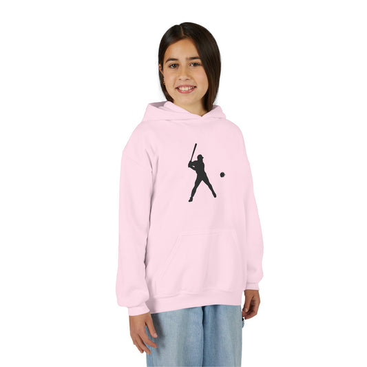 Youth baseball player silhouette hoodie for kids, featuring a sports sweatshirt with batting design by Printify.