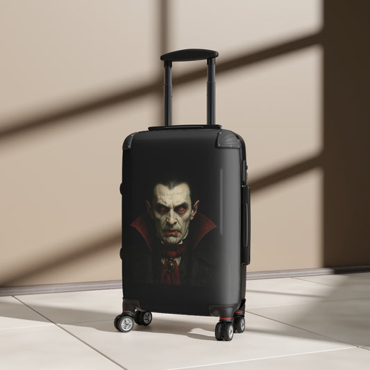 Gothic vampire portrait carry-on suitcase by Printify, featuring Dracula-themed luggage for Halloween travel and spooky adventures.