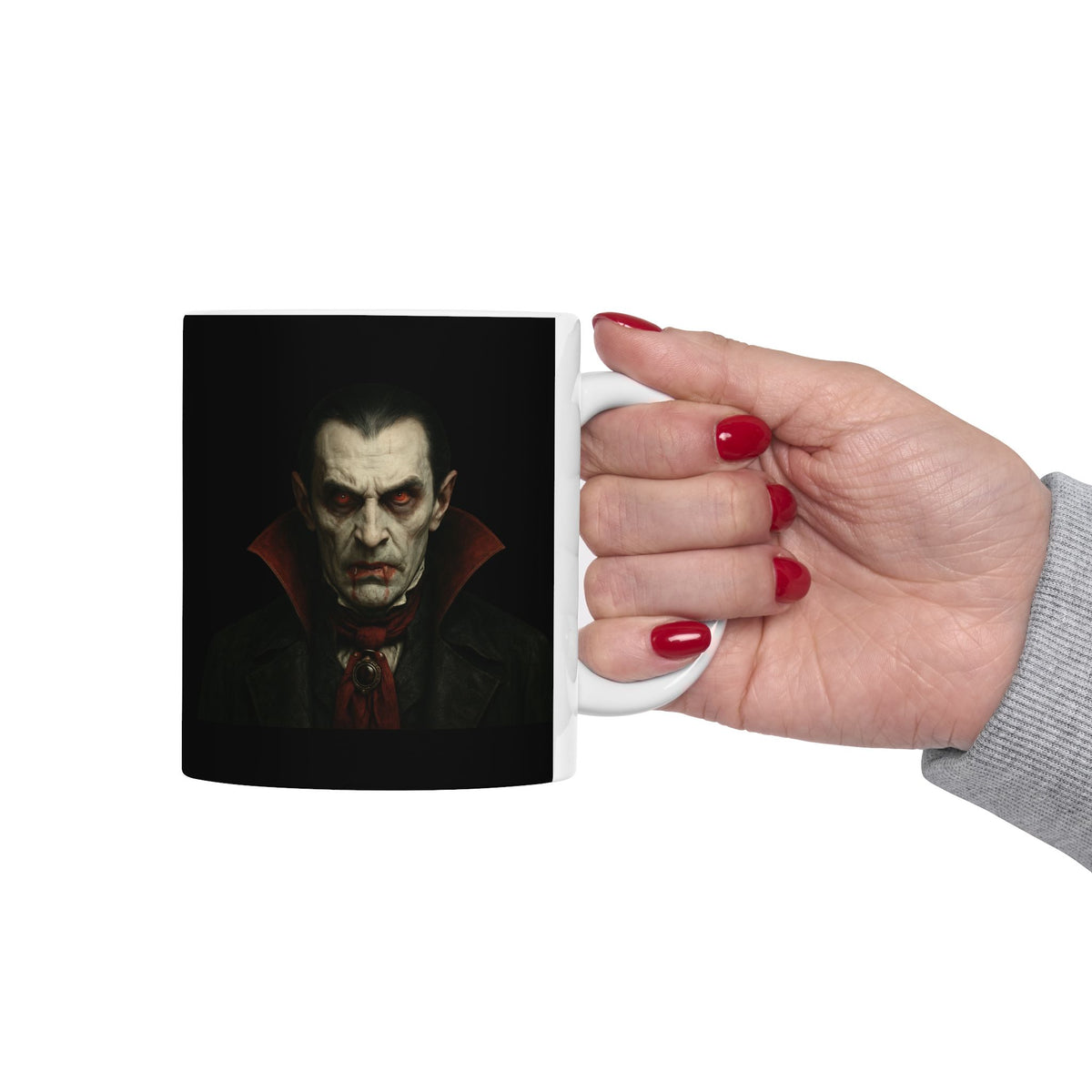 Black Gothic Dracula vampire mug with spooky design, perfect for Halloween coffee lovers, by Printify.