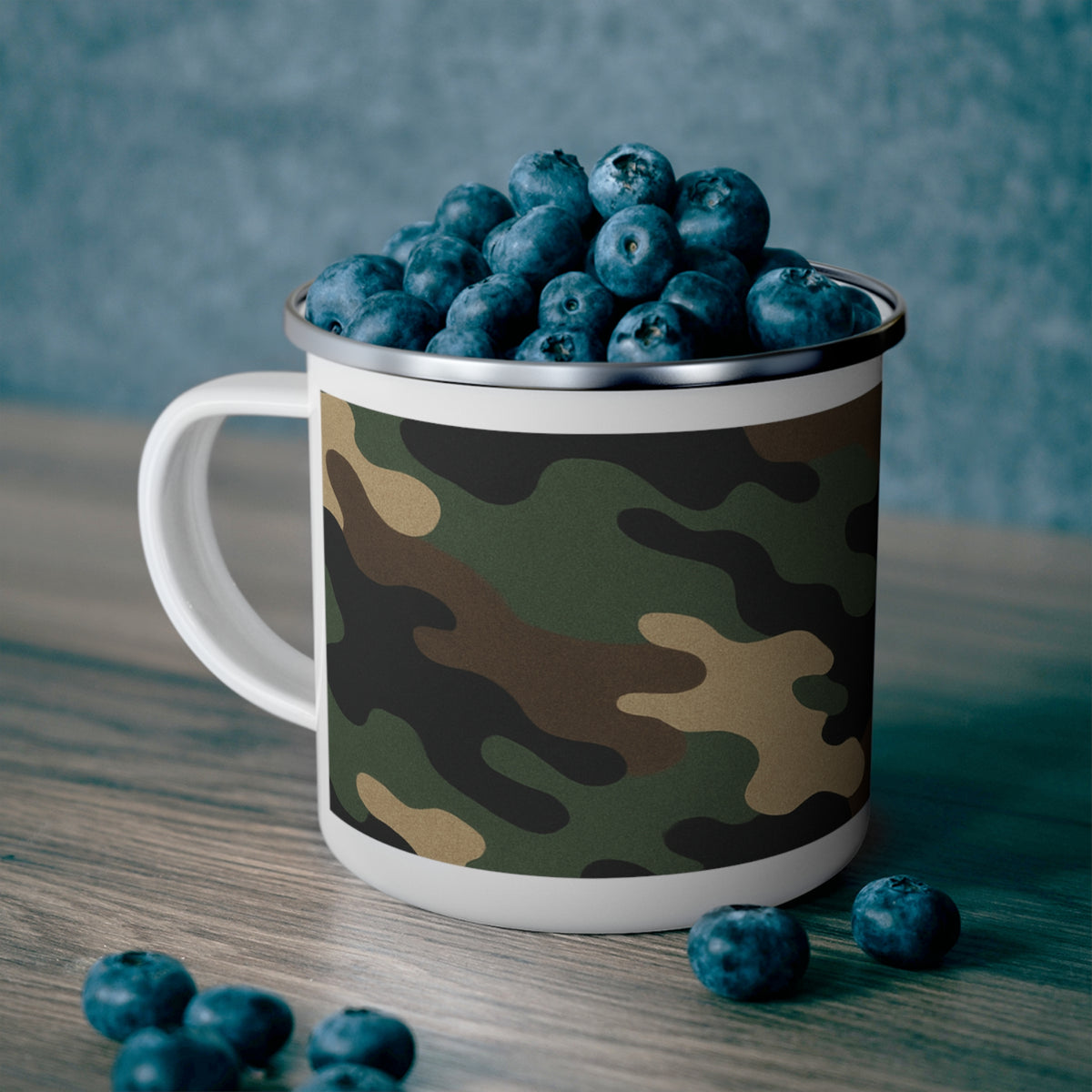 Camo enamel camping mug with Printify branding, rugged outdoor design, perfect for camping and outdoor adventures.