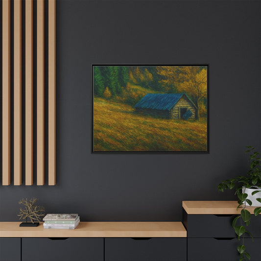 Framed matte canvas wall art featuring an autumn barn landscape with trees and a rustic rural scene.