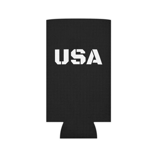 Patriotic USA Can Cooler by Printify, neoprene drink koozie with red, white, and blue American flag design for holding beverage cans.