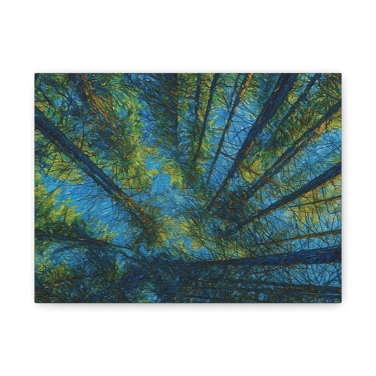 Forest Canopy matte canvas wall art featuring an upward view of green and blue trees, natural nature print by Printify
