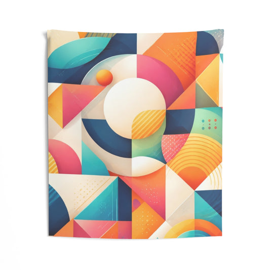 Colorful geometric wall tapestry with retro modern abstract design, featuring bold color blocks, ideal for contemporary wall decor.