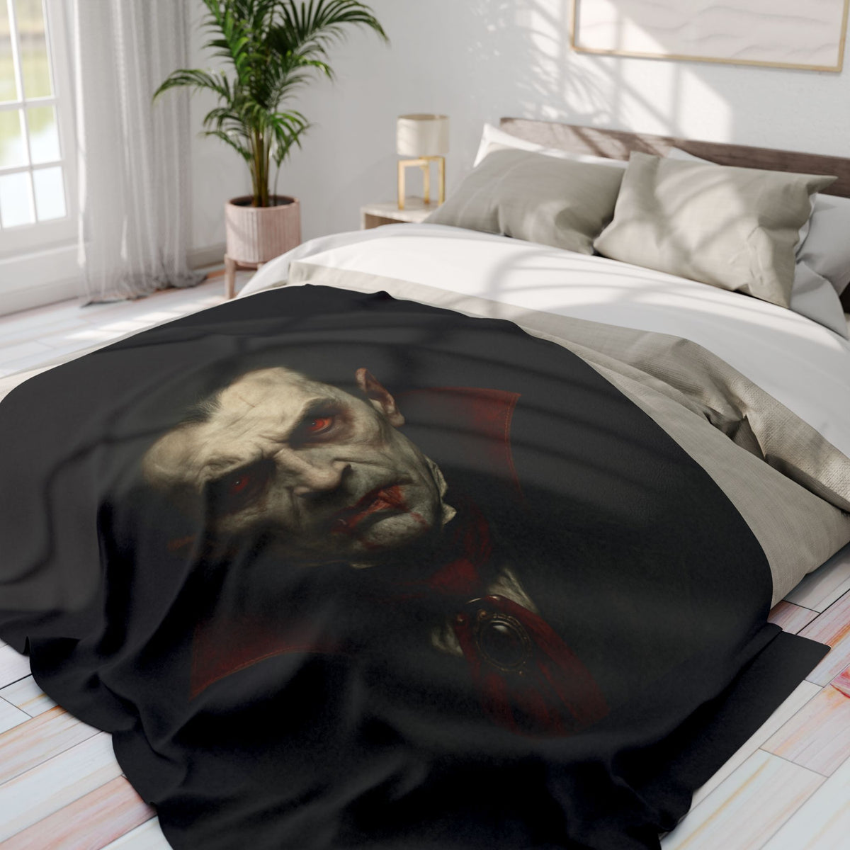 Vampire Arctic fleece blanket from Printify featuring spooky Halloween-themed design, perfect for cozy movie nights.