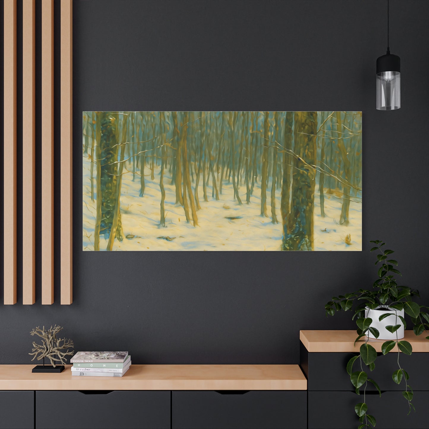 Snowy winter forest canvas print on stretched matte canvas by Printify, showcasing a winter landscape with snow-covered trees.