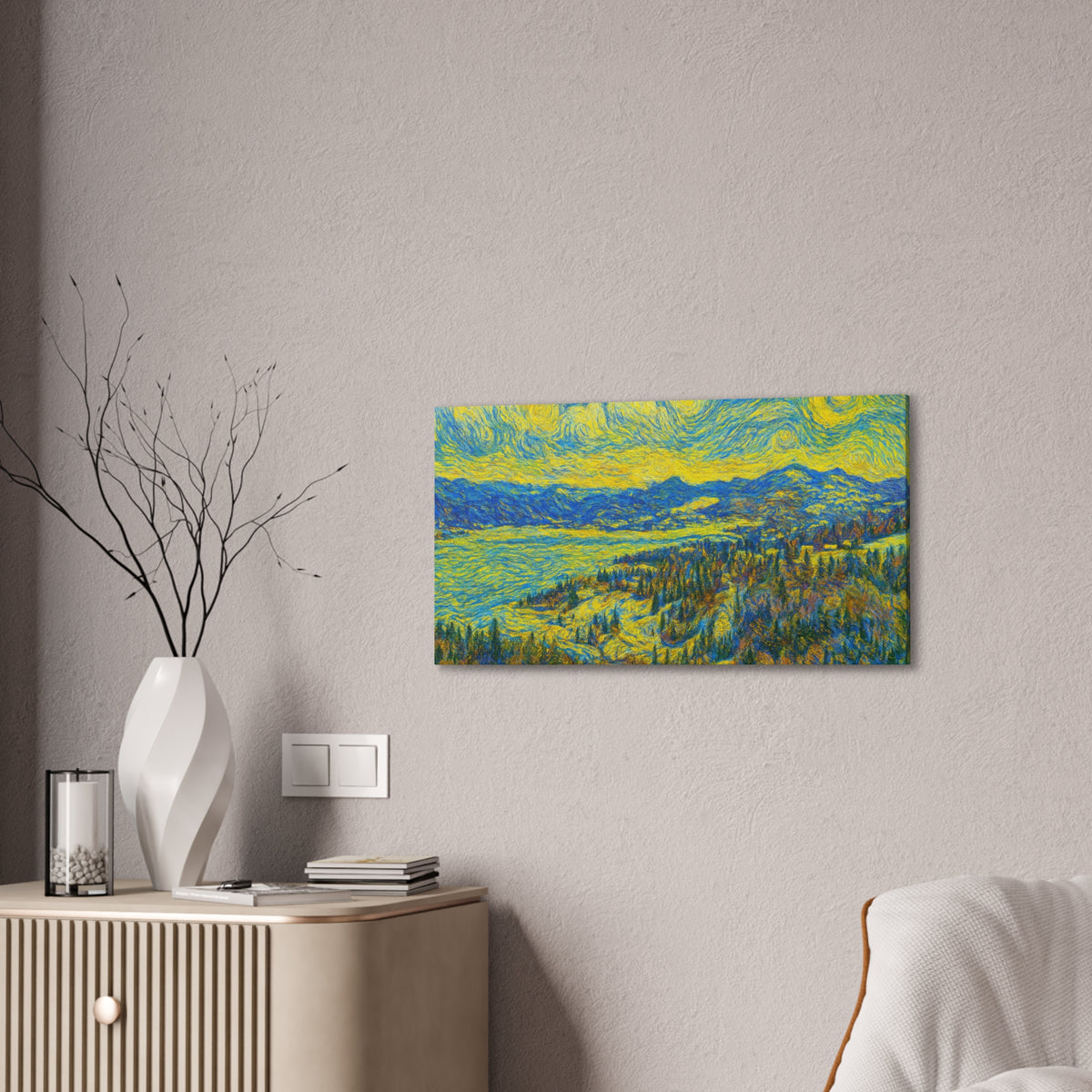Starry Mountain Lake canvas print featuring Van Gogh style landscape artwork with vibrant colors and textured brushstrokes.