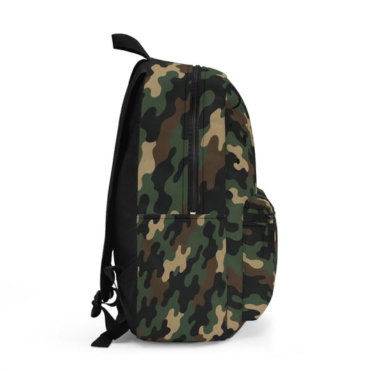 Printify camo backpack with multiple compartments, rugged design, ideal for school, hiking, and travel outdoor adventures