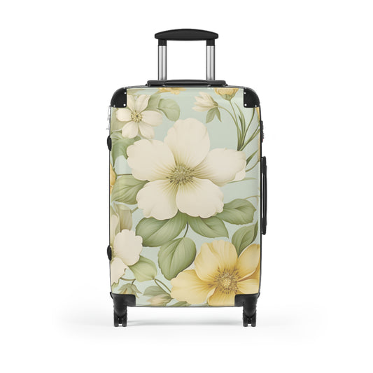 Vintage floral carry-on suitcase by Printify featuring pastel dogwood blossom design, compact and lightweight luggage for travel.