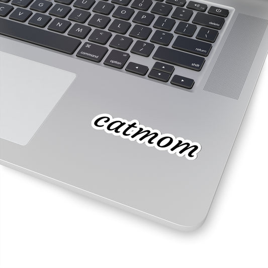 Catmom kiss-cut sticker with script design, suitable for laptops, water bottles, and planners, by Printify.