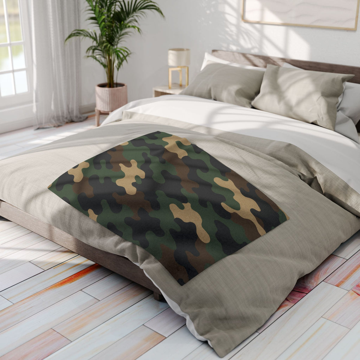 Camo Arctic fleece blanket by Printify featuring a cozy tactical design, ideal for camping and outdoor warmth.