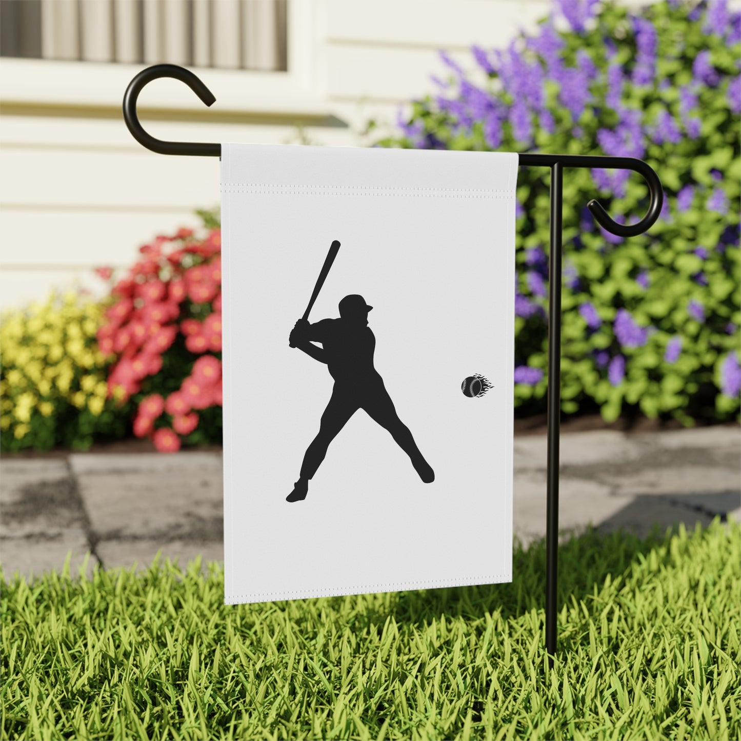 Baseball Player garden flag with vibrant sports design, ideal for outdoor fans' decor, made by Printify.