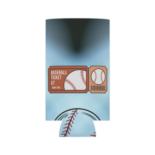 Baseball ticket can cooler from Printify, game day beer koozie, keeps drinks cold, with printed baseball ticket design.