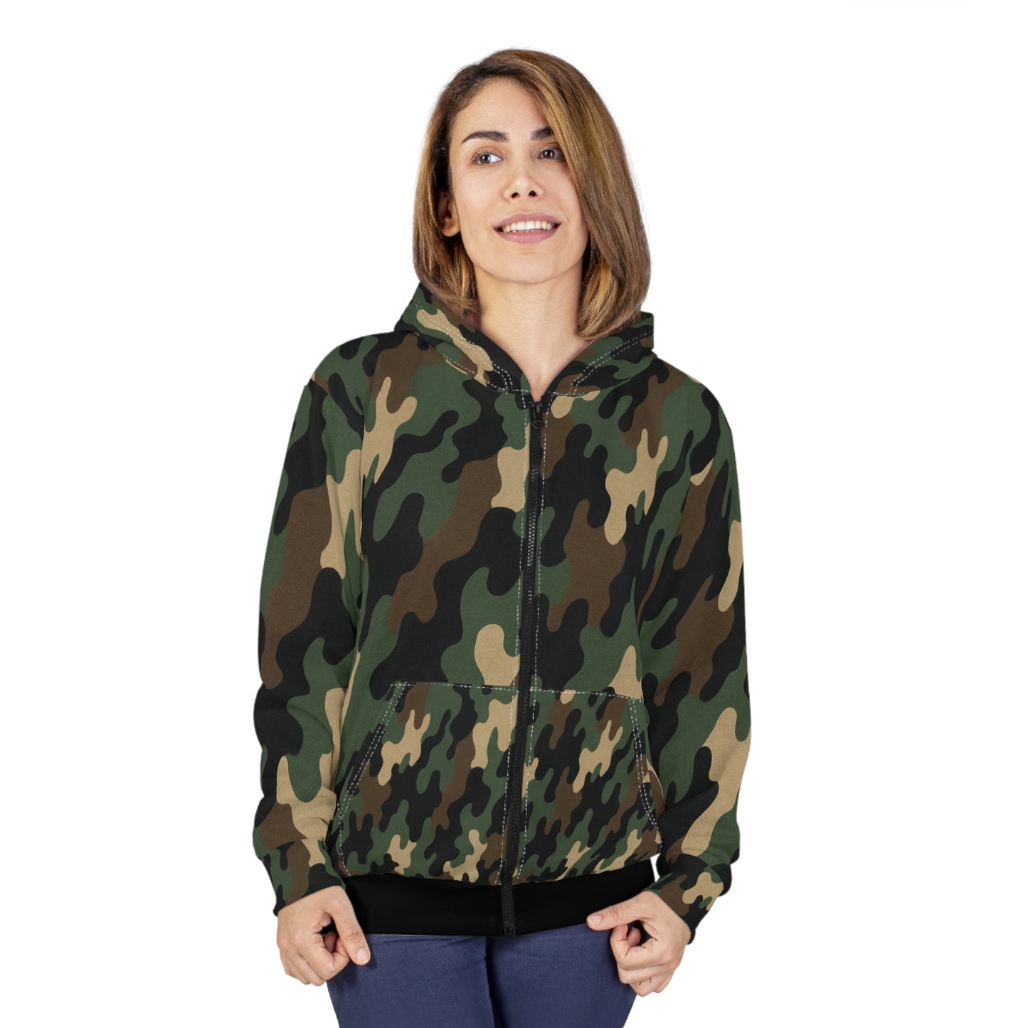 Military green camo zip hoodie for men and women with all-over print, hooded jacket by Printify.