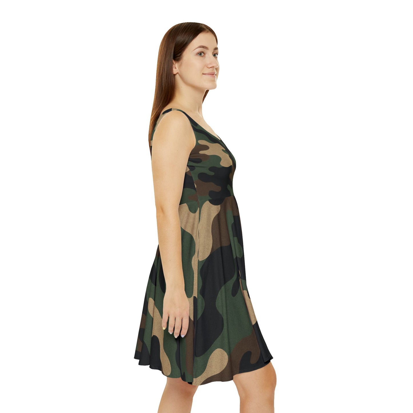 Camo skater dress for women with all-over print, casual summer party dress, featuring a fitted waist and flared skirt.