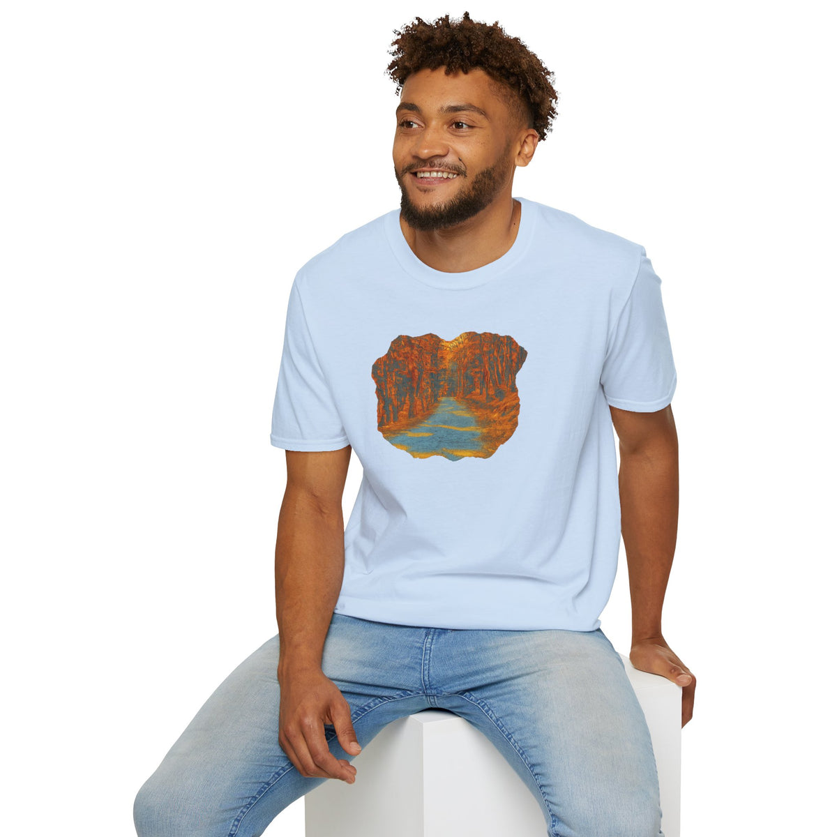 Printify Autumn Forest Path T-Shirt with scenic fall landscape design, featuring colorful trees and a peaceful forest trail.