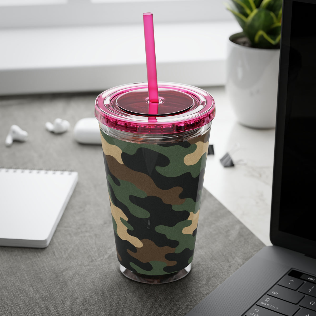 Printify 16oz camo insulated travel tumbler with straw, featuring camouflage pattern and durable design for on-the-go use.