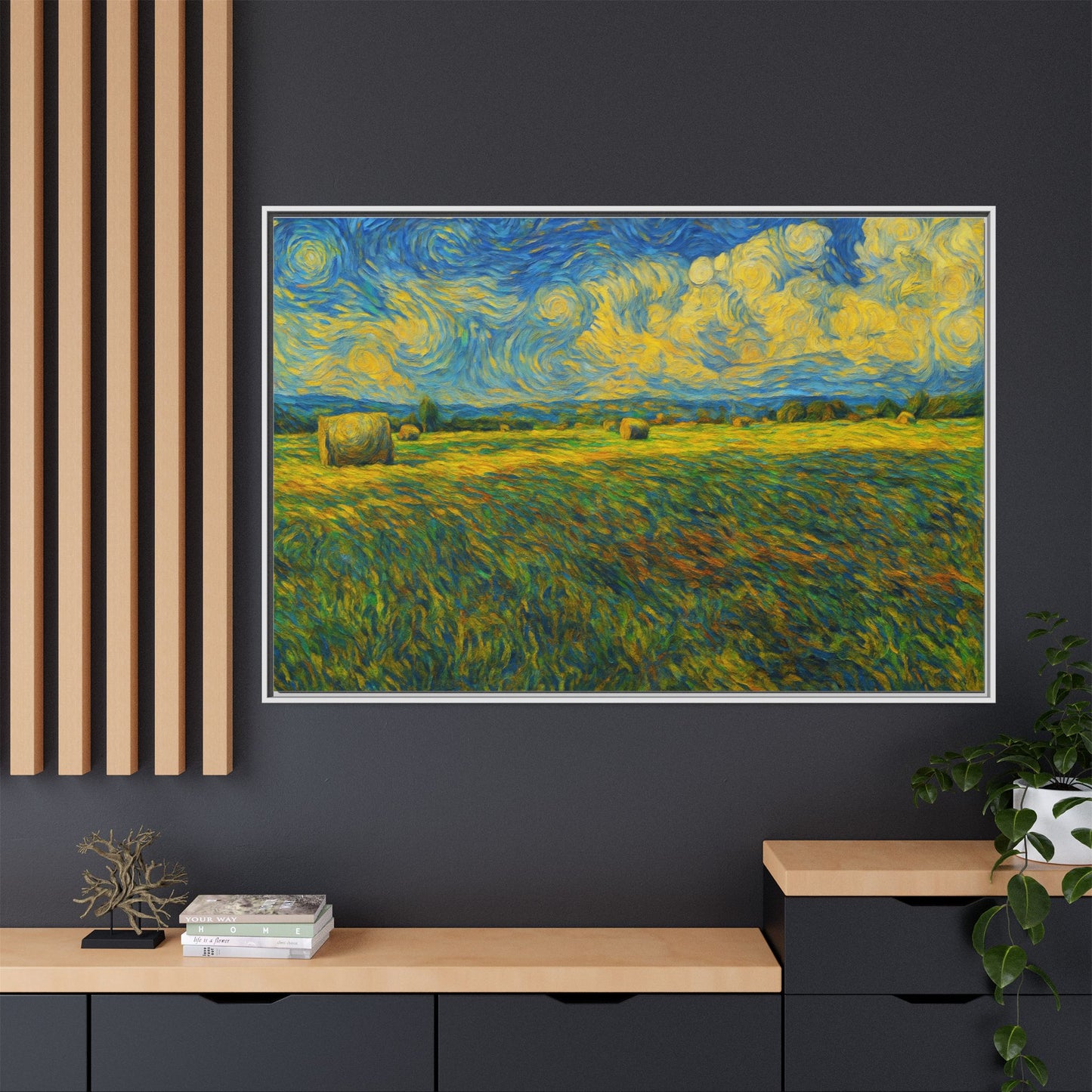 Framed landscape matte canvas print with vibrant multi-color design, showcasing a scenic natural scene by Printify.