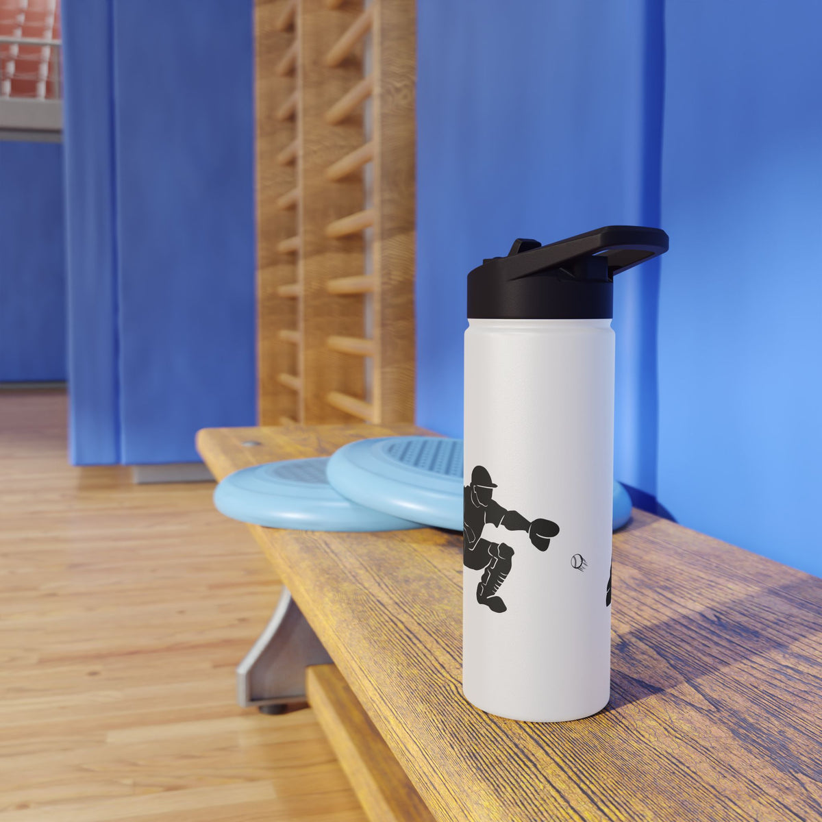 Stainless steel baseball catcher water bottle with catcher graphic design, durable sports bottle for active use by Printify.