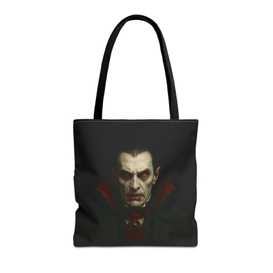 Black vampire-themed tote bag with spooky gothic design, perfect for Halloween accessories and gothic fashion.