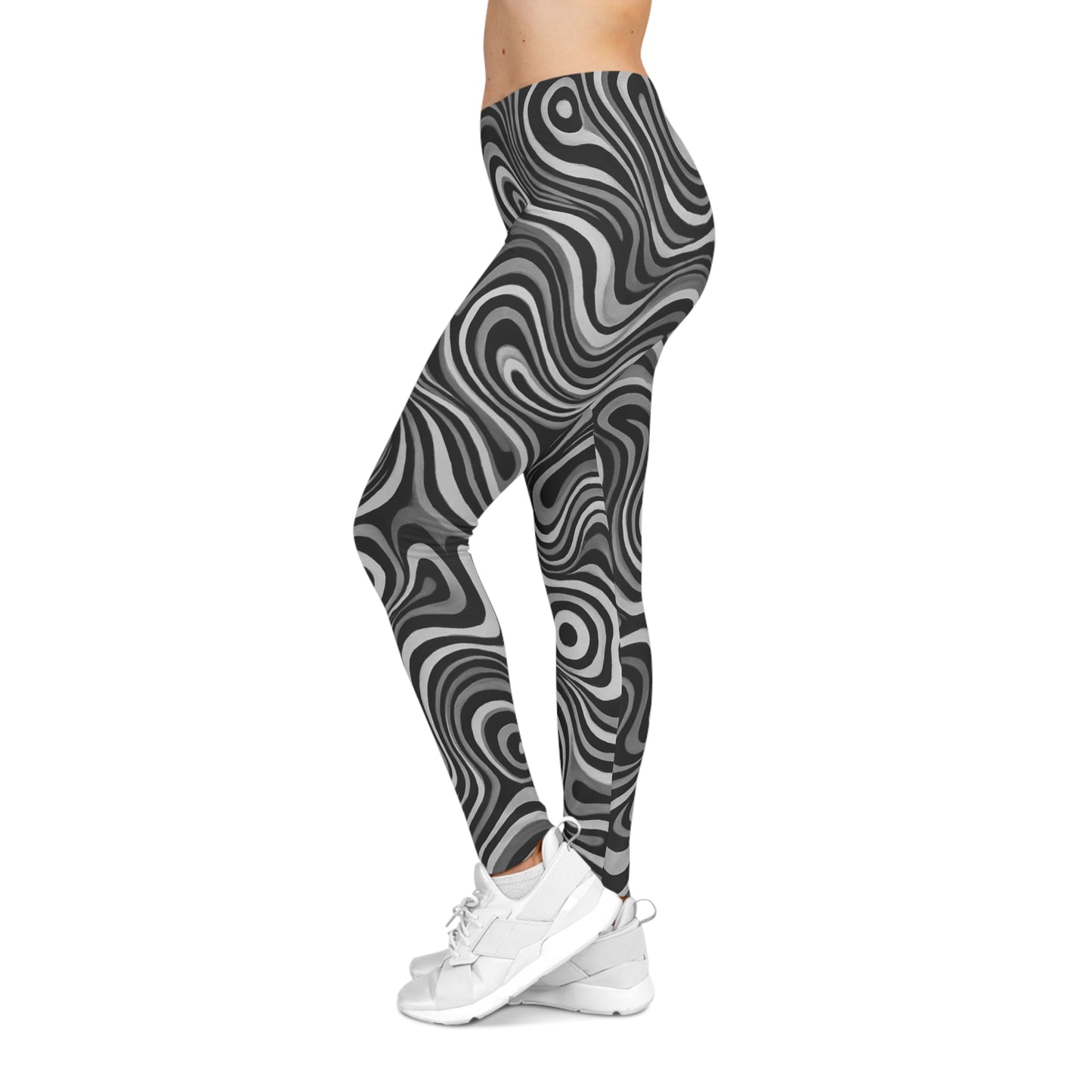 Black and white swirl all-over print leggings with retro psychedelic pattern, stylish and vibrant, by Printify.