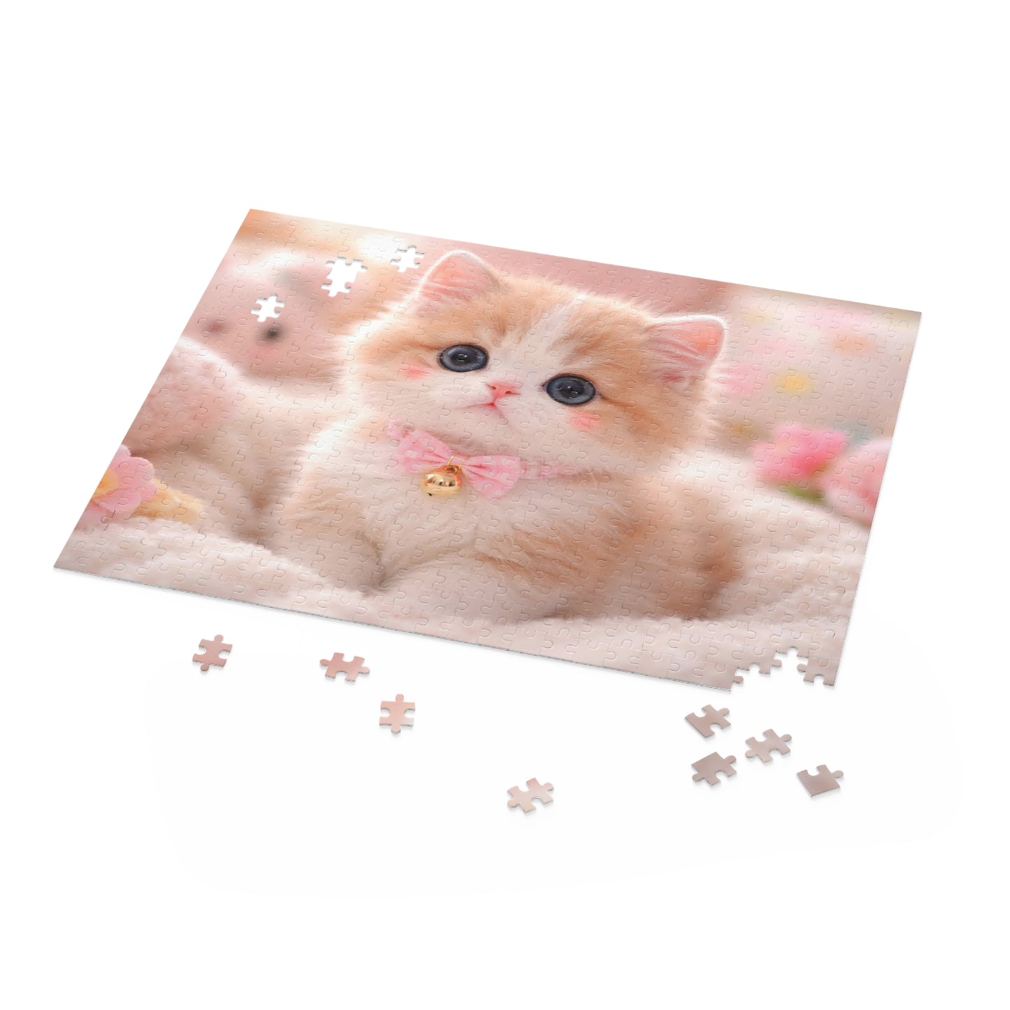 Cute kitten with pink bow puzzle by Printify, featuring a playful kitten wearing a pink bow in a colorful puzzle design.