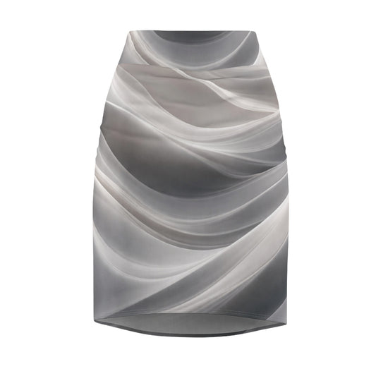Abstract gray wave pattern pencil skirt with monochrome swirl design, all-over print by Printify, shown on a mannequin.