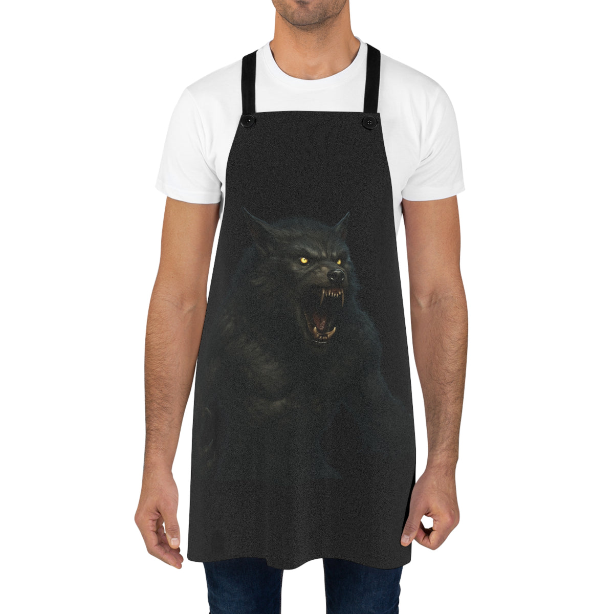 Werewolf horror apron featuring a growling wolf design, perfect for Halloween cooking and themed accessories.
