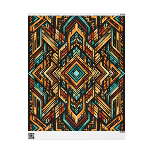 Geometric Boho Wrapping Paper Roll — Teal & Burnt Orange Tribal Pattern