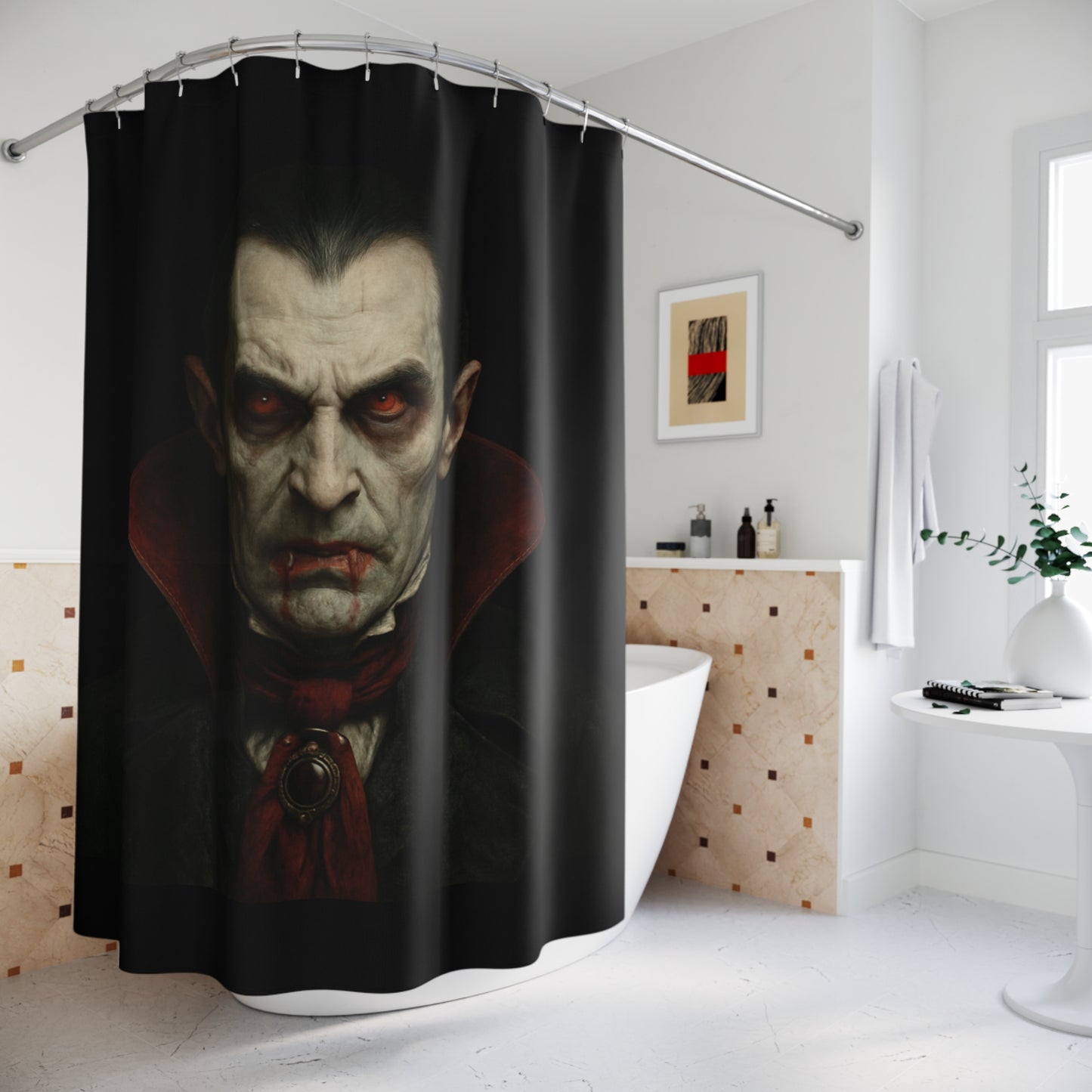 Gothic vampire portrait shower curtain by Printify featuring dark, horror-themed artwork for unique bathroom decor.