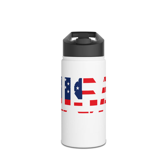 Stainless steel water bottle with USA flag design, patriotic travel flask by Printify, featuring a sleek, durable exterior.