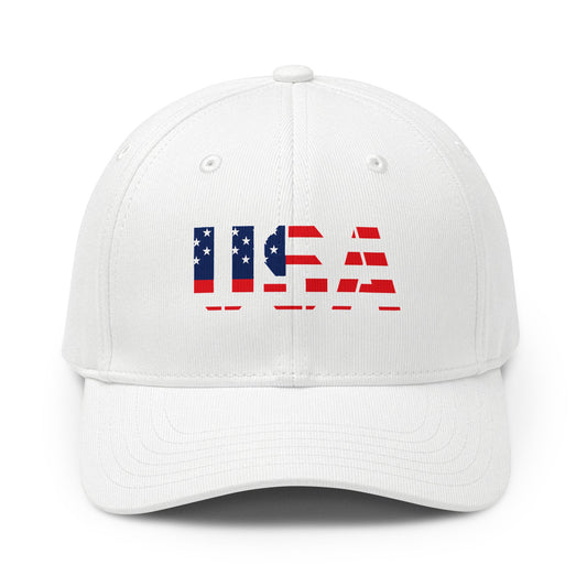 USA flag baseball cap with patriotic red, white, and blue design, inspired by Adidas, by Printify, showing front view.
