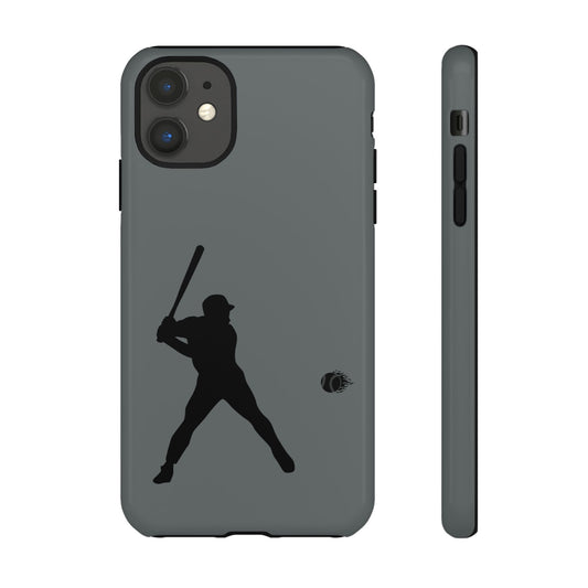 Black baseball silhouette tough phone case for iPhone, protective sporty design by Printify, shows a baseball and bat graphic.