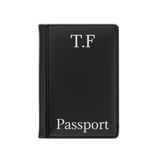 Leather passport cover with monogram initials, stylish travel accessory by Printify featuring a sleek design.