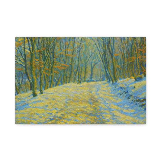 Winter landscape canvas wall art by Printify featuring a cozy nature scene, perfect for living room decor.