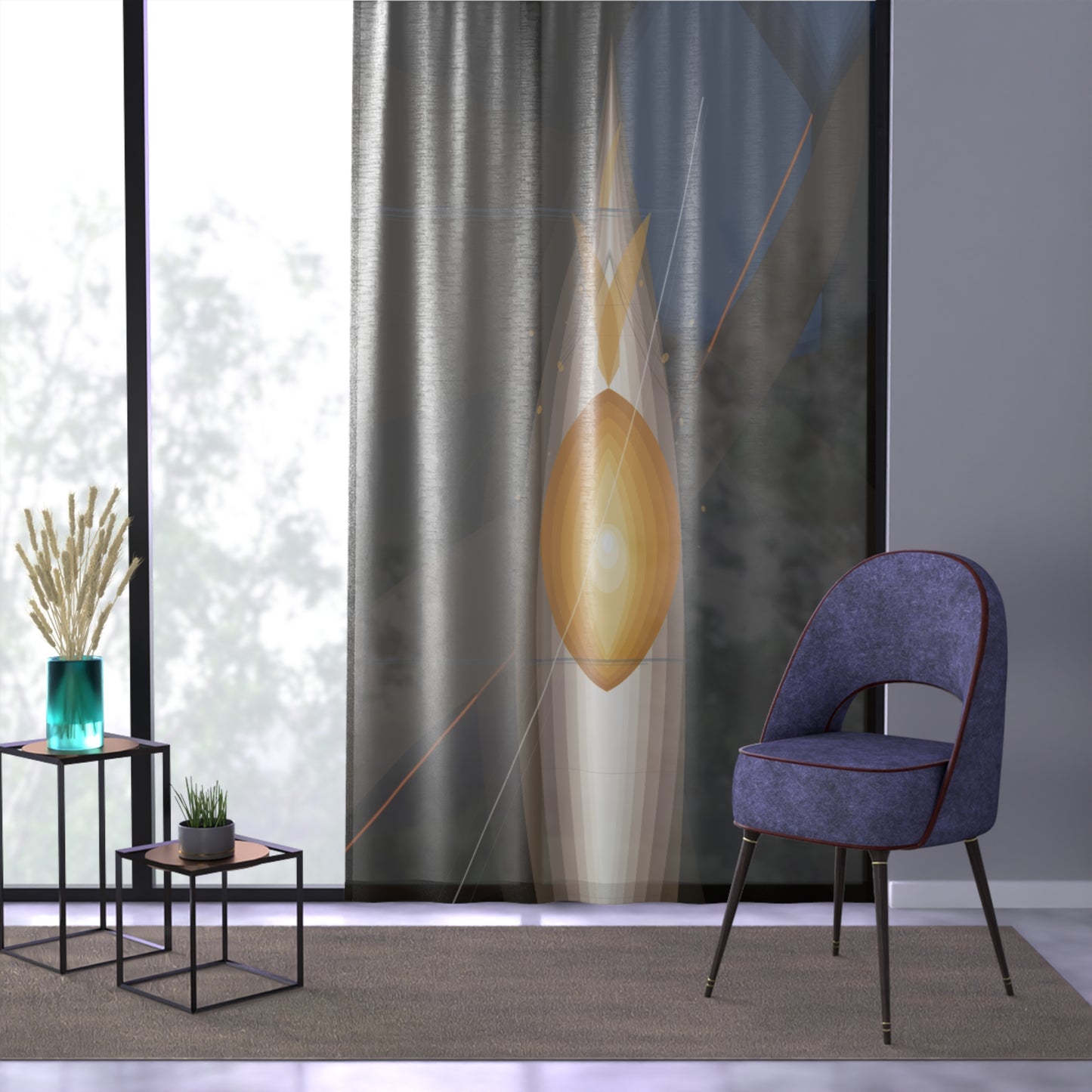 Abstract Golden Orb Window Curtain | Modern Geometric Sheer Panel