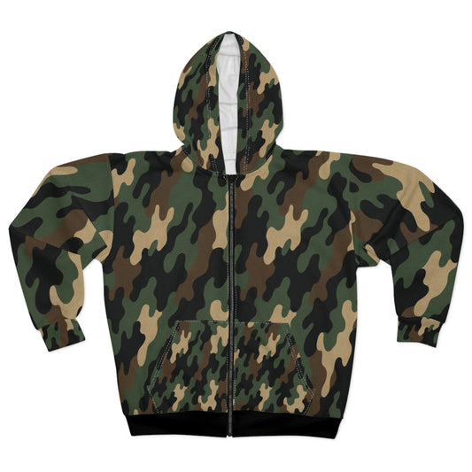 Military green camo zip hoodie for men and women with all-over print, casual hooded jacket by Printify.