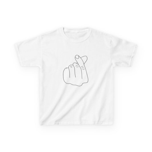Kids heavy cotton T-shirt featuring a K-Pop inspired love gesture design, suitable for children’s casual wear.