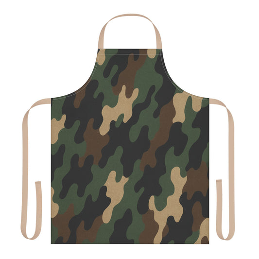 Green camouflage apron with all-over print, ideal for kitchen or BBQ use, by Printify.
