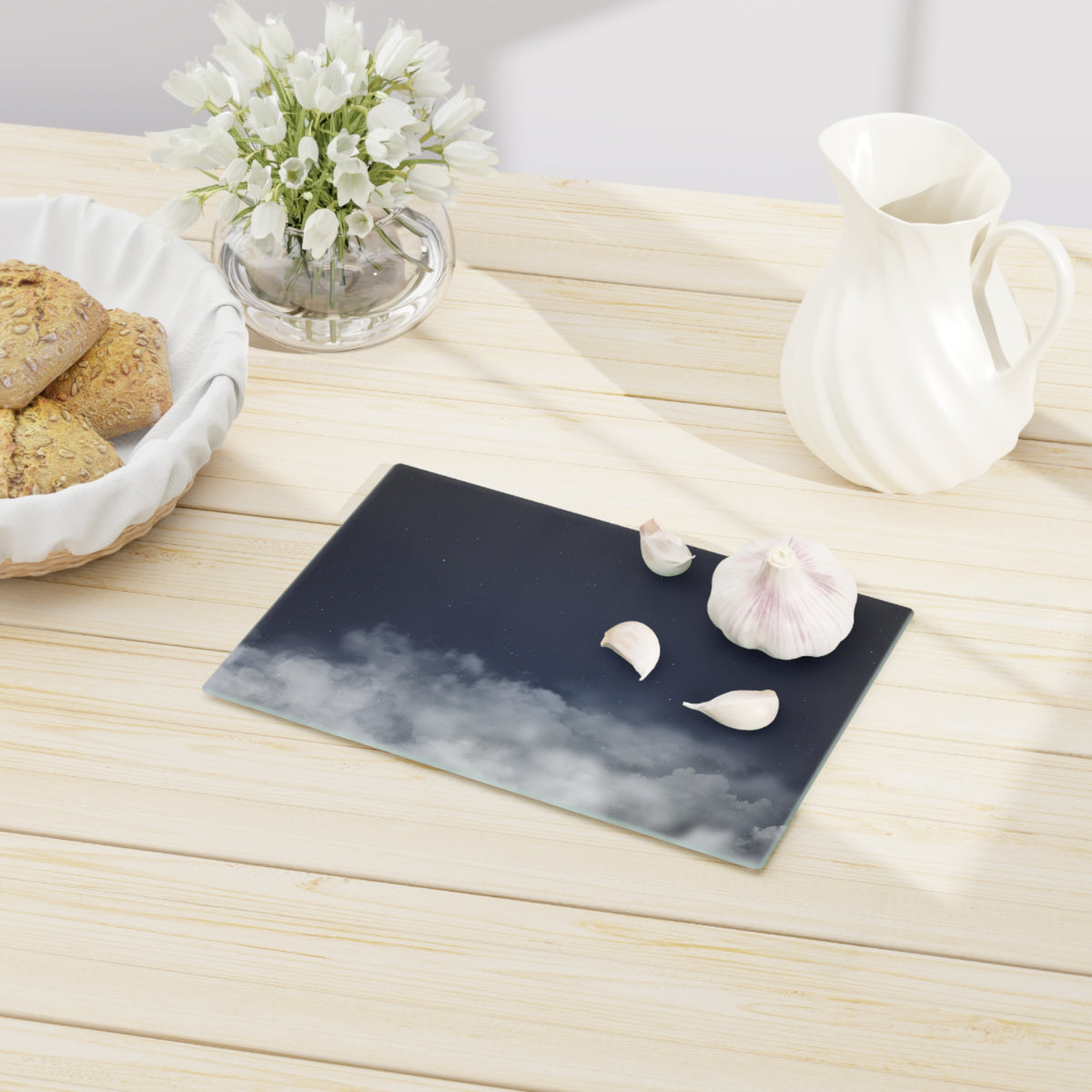 Cloudscape Glass Cutting Board — Moody Mist Kitchen Decor